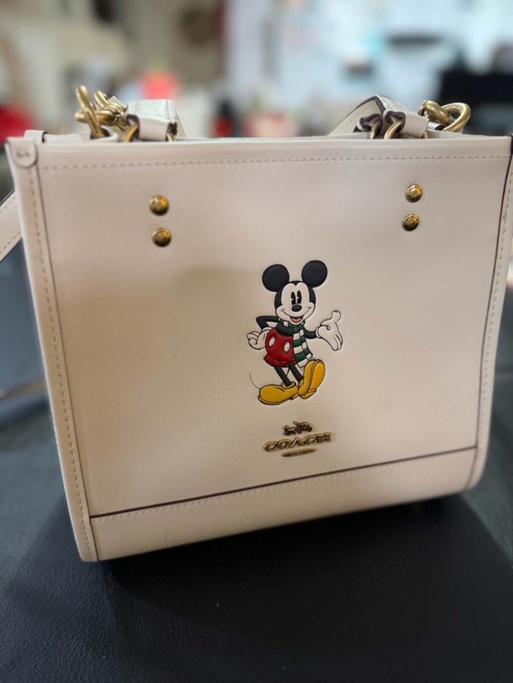 Coach Cream Leather Shoulder Bag with Mickey Mouse Graphic